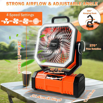 Camping Fan 11.41 Inch Portable, 20000mAh Rechargeable Battery Powered Fan With 4 Speeds Wind And LED Light 140H, Cool & Warm Light And SOS Mode, Auto Oscillating, 360° Rotating Hang Hook(Green-Basic