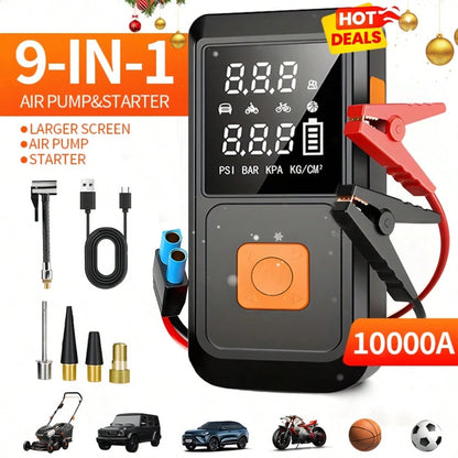 Car Accessory! 9-In-1 Jump Starter| 6000mAh Capacity + 150PSI Air Pump| USB Fast Charging + LED Lighting + Large Screen Display| Portable And Practical, An Daily Essential| Great Halloween Gift