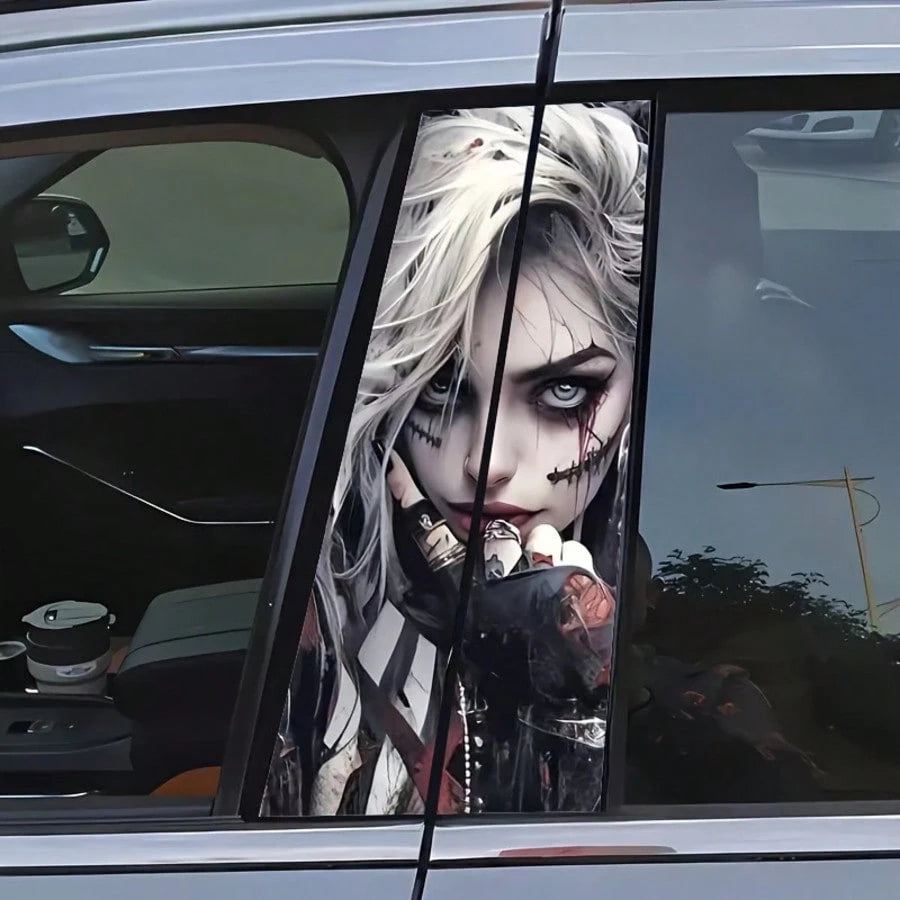 Car B-Pillar Protector Stickers-2pcs Cool Smiling Girl Car Decals,Creative Vinyl B-Pillar Protector Stickers, Durable & Flashy Cartoon Design For Rear Window Glass