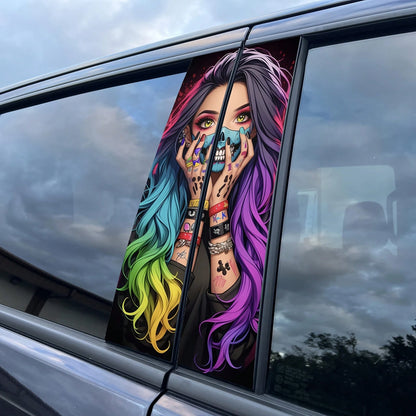 Car B-Pillar Protector Stickers-2pcs Cool Smiling Girl Car Decals,Creative Vinyl B-Pillar Protector Stickers, Durable & Flashy Cartoon Design For Rear Window Glass