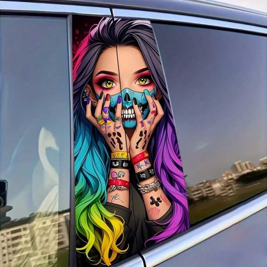 Car B-Pillar Protector Stickers-2pcs Cool Smiling Girl Car Decals,Creative Vinyl B-Pillar Protector Stickers, Durable & Flashy Cartoon Design For Rear Window Glass