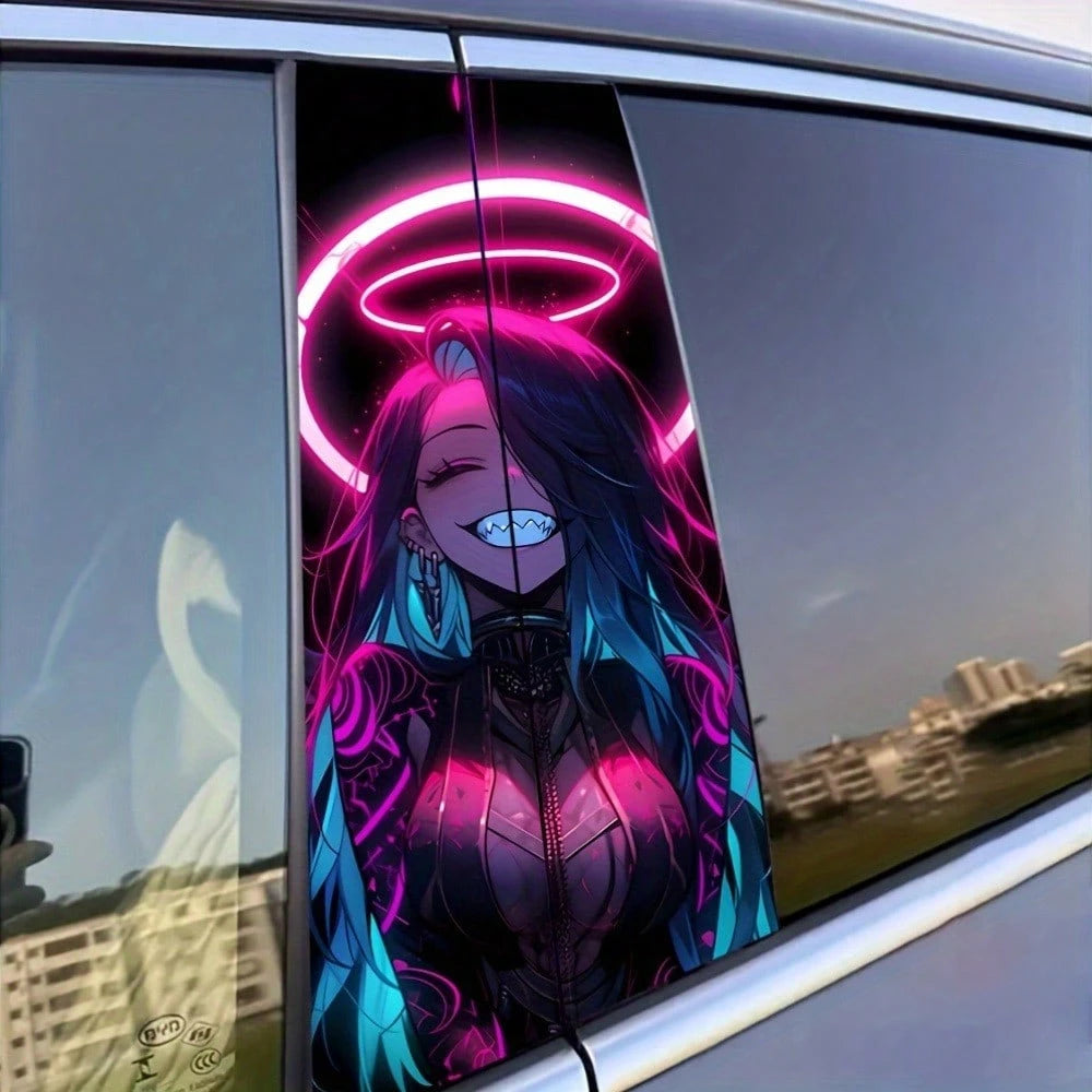 Car B-Pillar Protector Stickers-2pcs Cool Smiling Girl Car Decals,Creative Vinyl B-Pillar Protector Stickers, Durable & Flashy Cartoon Design For Rear Window Glass