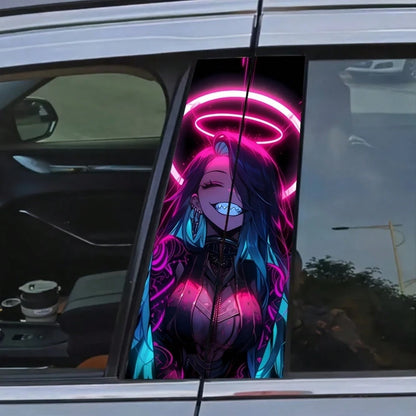 Car B-Pillar Protector Stickers-2pcs Cool Smiling Girl Car Decals,Creative Vinyl B-Pillar Protector Stickers, Durable & Flashy Cartoon Design For Rear Window Glass