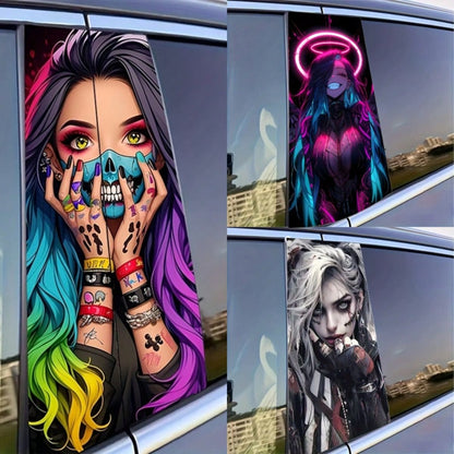 Car B-Pillar Protector Stickers-2pcs Cool Smiling Girl Car Decals,Creative Vinyl B-Pillar Protector Stickers, Durable & Flashy Cartoon Design For Rear Window Glass