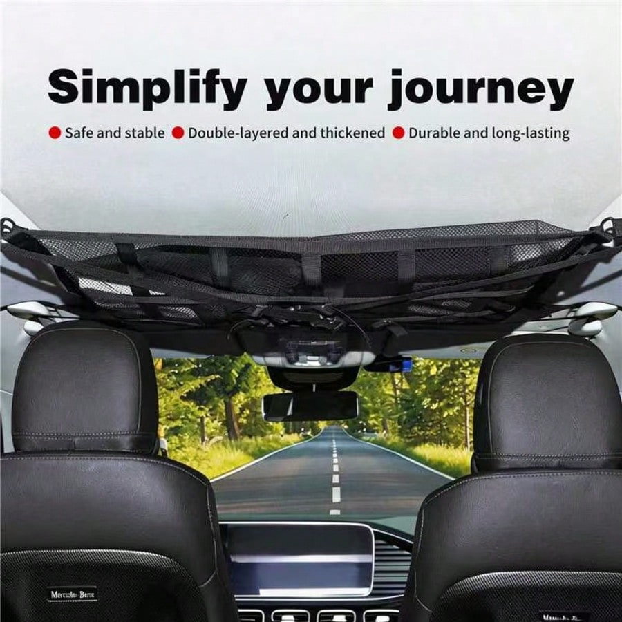 Car Ceiling Cargo Net Pocket, 30.7"*20.8"Load-Bearing And Droop Less Double-Layer Mesh Car Roof Storage Organizer, Truck SUV Long Road Trip Campin