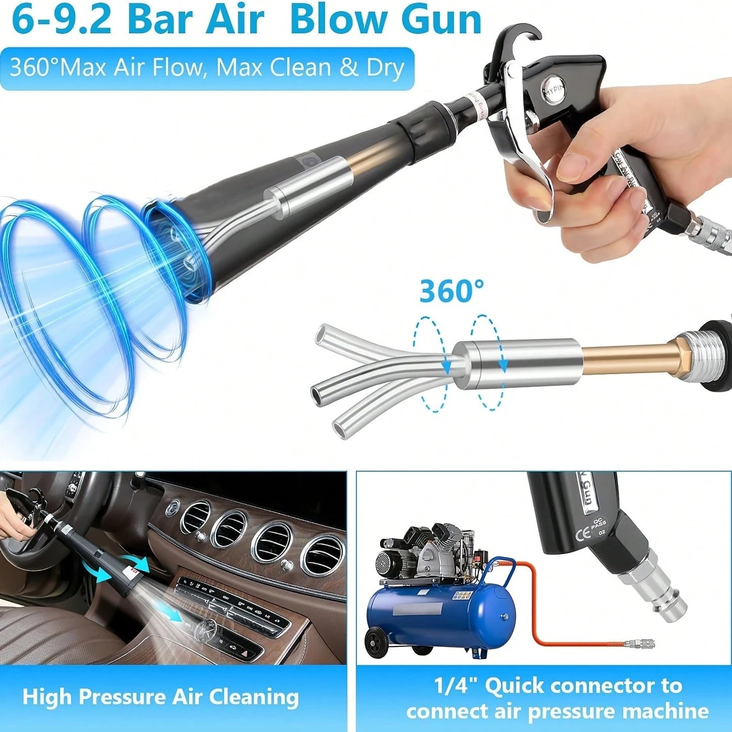 Car Cleaning Gun, Interior Detail Air Gun, Equipped With 3 Types Of Interface Adapters (European, American, Japanese), Car Interior Cleaning Set, Quickly Blows Away Dirt And Dust, Suitable For AI-Assi