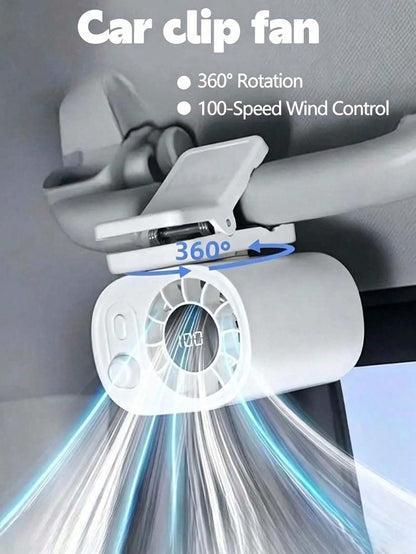 Car Clip On Fan With LED Display, 1200mAh Backseat Fan, USB Rechargeable Powerful Cooling Fans, 360° Rotation, 100 Speeds Adjustable, Clip On Fans For Car, Car Accessories