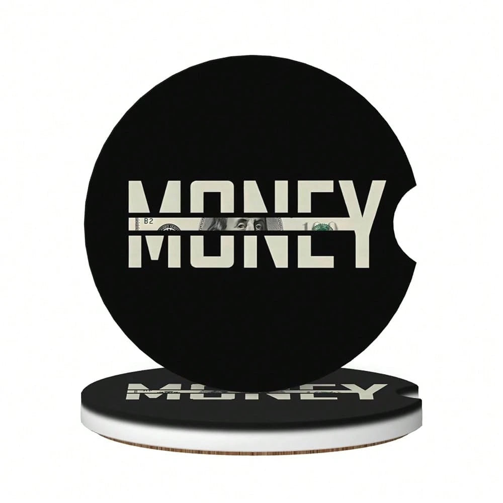 Car Coasters For Cup Holder 2 Pack- Money| 2.56 Inch Absorbent Ceramic Drink Cup Coasters For Car, Anti-Slip Cork Base Interior Acces
