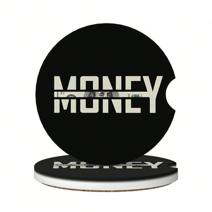 Car Coasters For Cup Holder 2 Pack- Money| 2.56 Inch Absorbent Ceramic Drink Cup Coasters For Car, Anti-Slip Cork Base Interior Acces