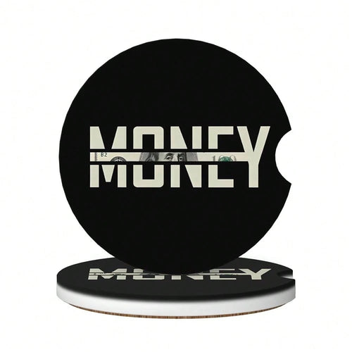 Car Coasters For Cup Holder 2 Pack- Money| 2.56 Inch Absorbent Ceramic Drink Cup Coasters For Car, Anti-Slip Cork Base Interior Acces