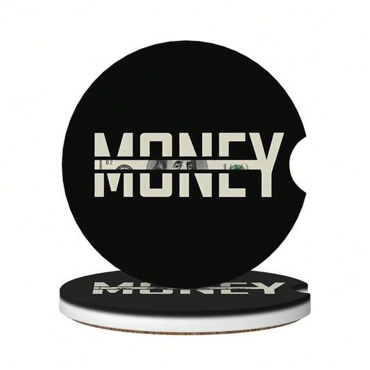 Car Coasters For Cup Holder 2 Pack- Money| 2.56 Inch Absorbent Ceramic Drink Cup Coasters For Car, Anti-Slip Cork Base Interior Acces