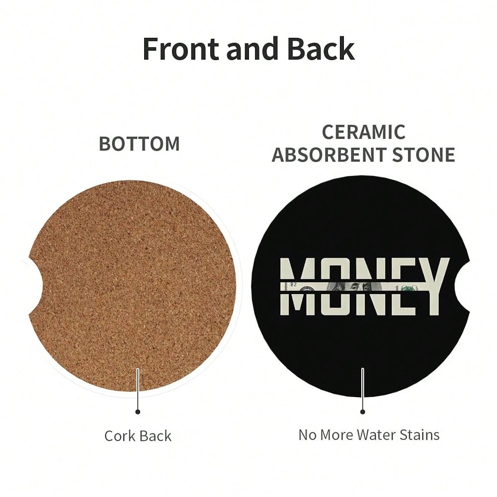Car Coasters For Cup Holder 2 Pack- Money| 2.56 Inch Absorbent Ceramic Drink Cup Coasters For Car, Anti-Slip Cork Base Interior Acces