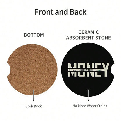 Car Coasters For Cup Holder 2 Pack- Money| 2.56 Inch Absorbent Ceramic Drink Cup Coasters For Car, Anti-Slip Cork Base Interior Acces