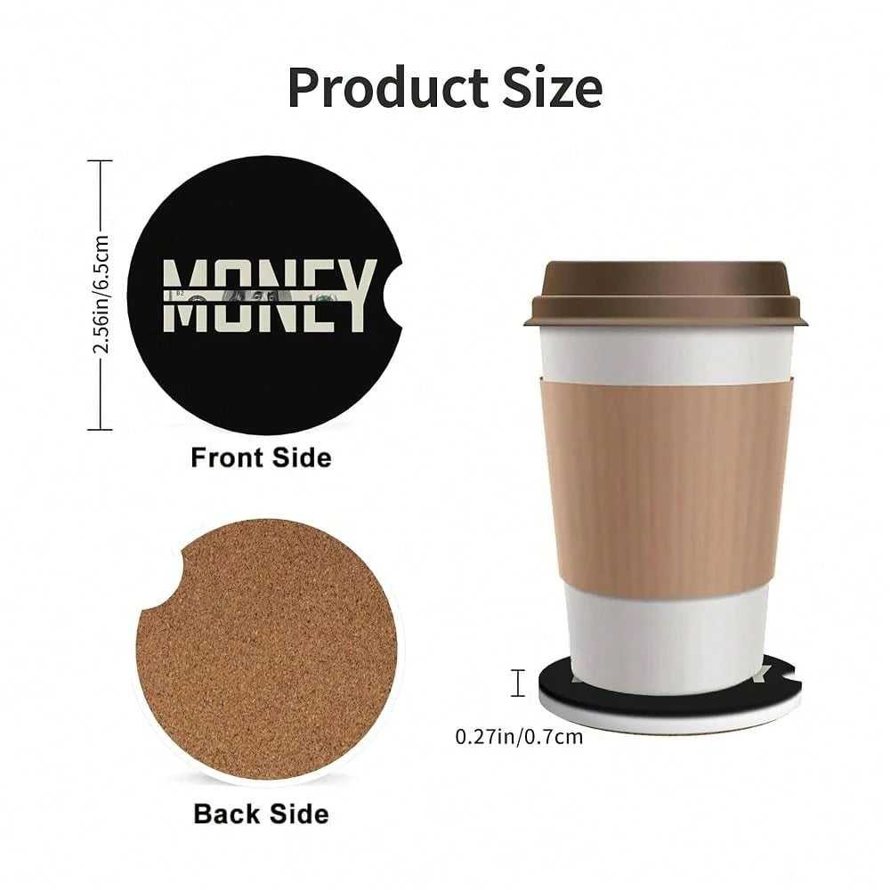 Car Coasters For Cup Holder 2 Pack- Money| 2.56 Inch Absorbent Ceramic Drink Cup Coasters For Car, Anti-Slip Cork Base Interior Acces