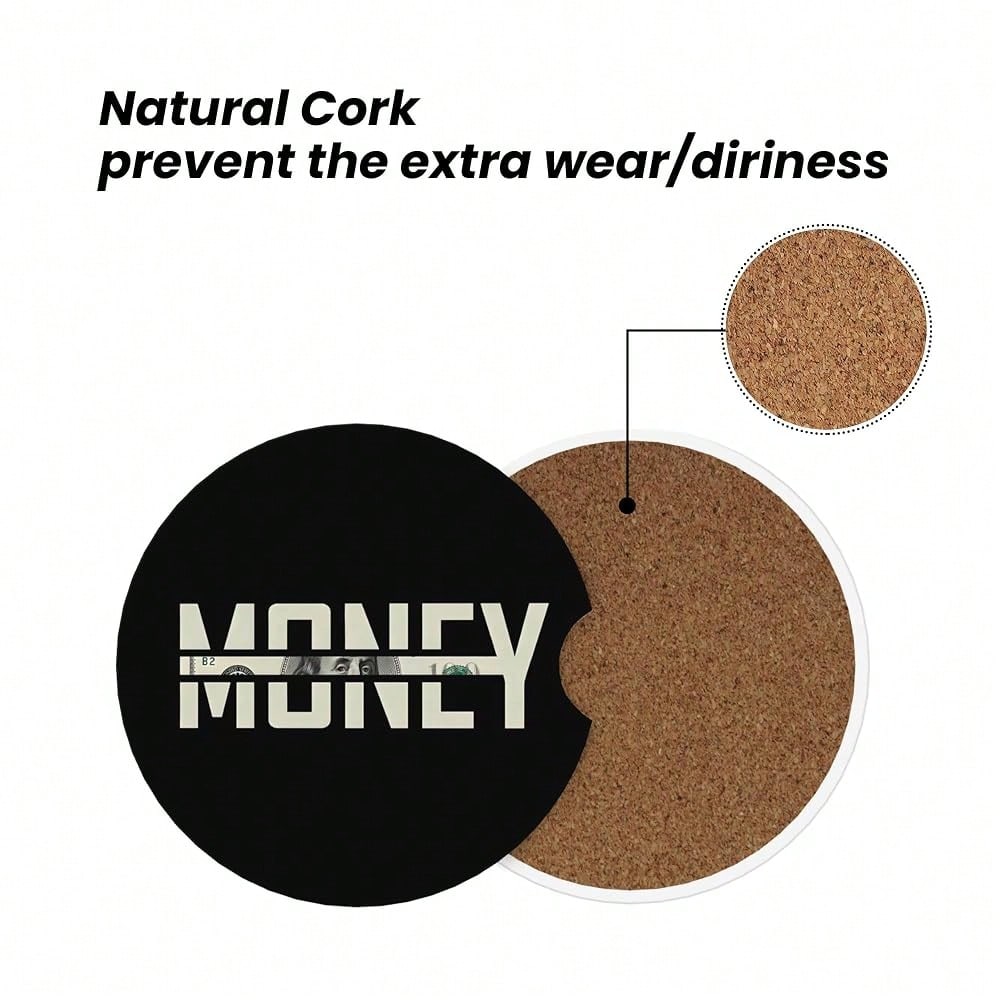 Car Coasters For Cup Holder 2 Pack- Money| 2.56 Inch Absorbent Ceramic Drink Cup Coasters For Car, Anti-Slip Cork Base Interior Acces