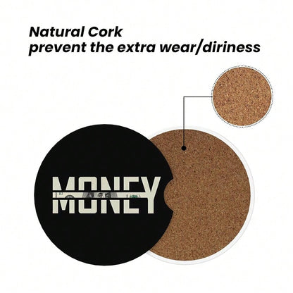 Car Coasters For Cup Holder 2 Pack- Money| 2.56 Inch Absorbent Ceramic Drink Cup Coasters For Car, Anti-Slip Cork Base Interior Acces