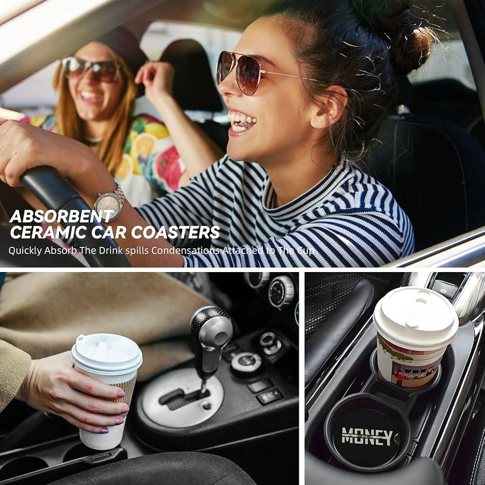 Car Coasters For Cup Holder 2 Pack- Money| 2.56 Inch Absorbent Ceramic Drink Cup Coasters For Car, Anti-Slip Cork Base Interior Acces