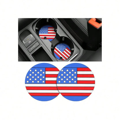 Car Cup Holder Coaster, 2.83 Inch American Flag Anti Slip Waterproof Vehicle Insert Drink Mat, Auto Interior Embedded Decor Water Bottl