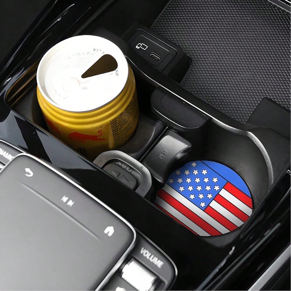 Car Cup Holder Coaster, 2.83 Inch American Flag Anti Slip Waterproof Vehicle Insert Drink Mat, Auto Interior Embedded Decor Water Bottl