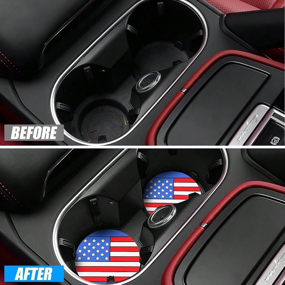Car Cup Holder Coaster, 2.83 Inch American Flag Anti Slip Waterproof Vehicle Insert Drink Mat, Auto Interior Embedded Decor Water Bottl