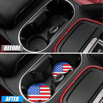 Car Cup Holder Coaster, 2.83 Inch American Flag Anti Slip Waterproof Vehicle Insert Drink Mat, Auto Interior Embedded Decor Water Bottl