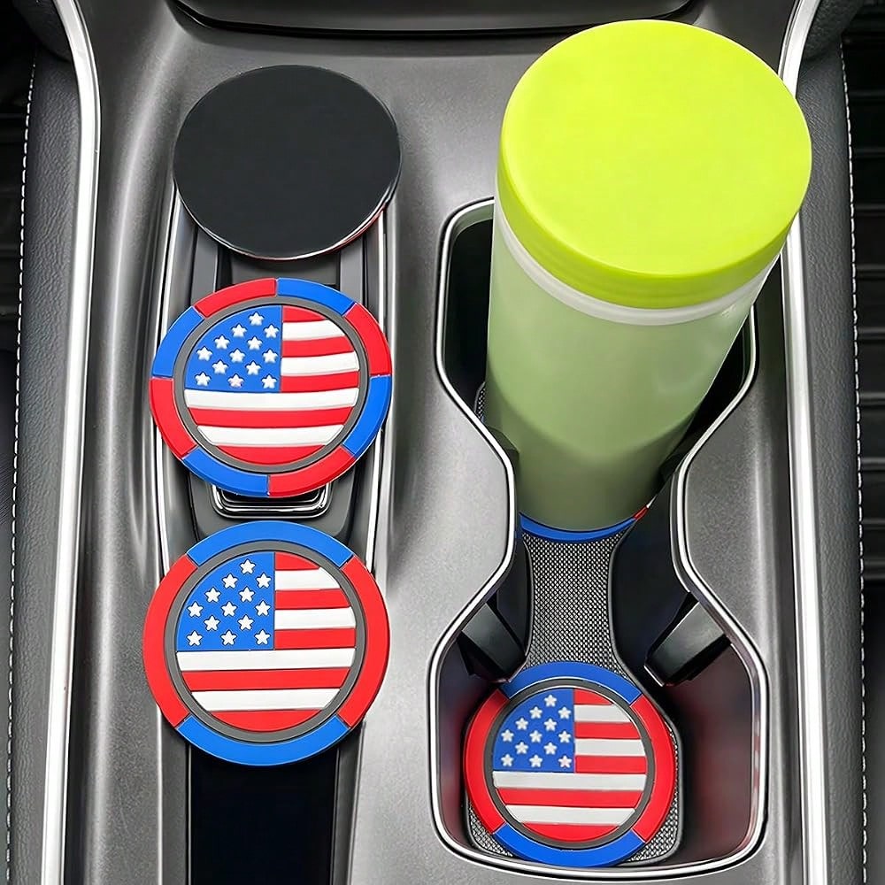 Car Cup Holder Coaster, 2.83 Inch American Flag Anti Slip Waterproof Vehicle Insert Drink Mat, Auto Interior Embedded Decor Water Bottl