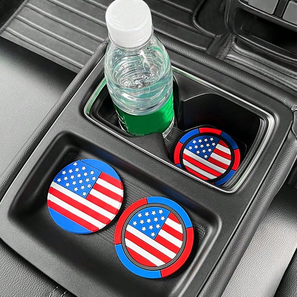 Car Cup Holder Coaster, 2.83 Inch American Flag Anti Slip Waterproof Vehicle Insert Drink Mat, Auto Interior Embedded Decor Water Bottl