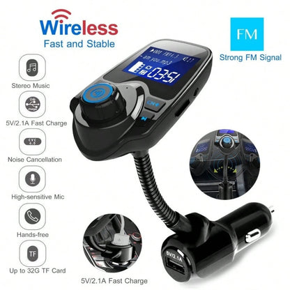 Car FM Transmitter, 1.44" Display Flexible Gooseneck, Handsfree Call Wireless Music Stereo Audio Player Radio Adapter Car Kit USB Phone Charger, TF SD Card