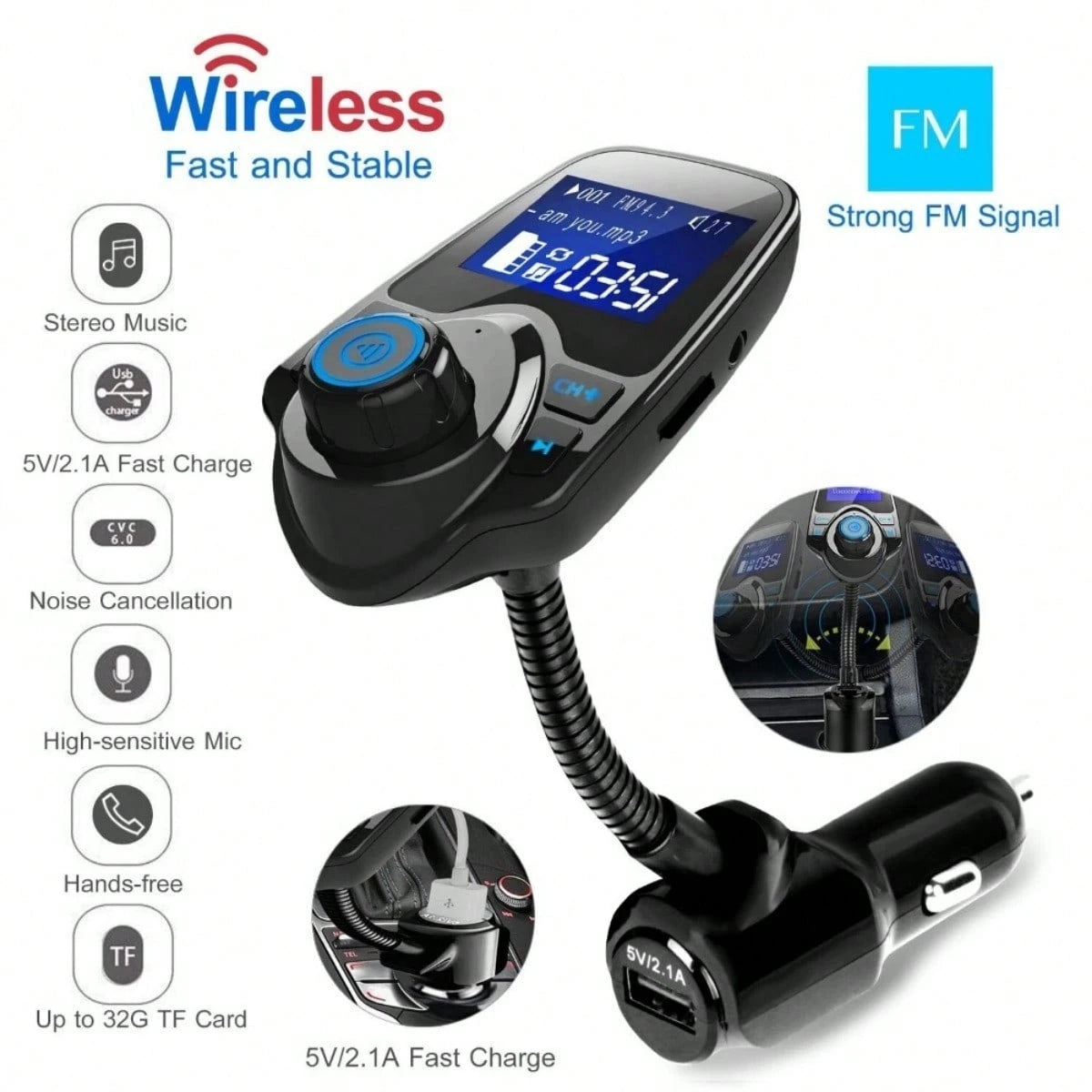 Car FM Transmitter, 1.44" Display Flexible Gooseneck, Handsfree Call Wireless Music Stereo Audio Player Radio Adapter Car Kit USB Phone Charger, TF SD Card
