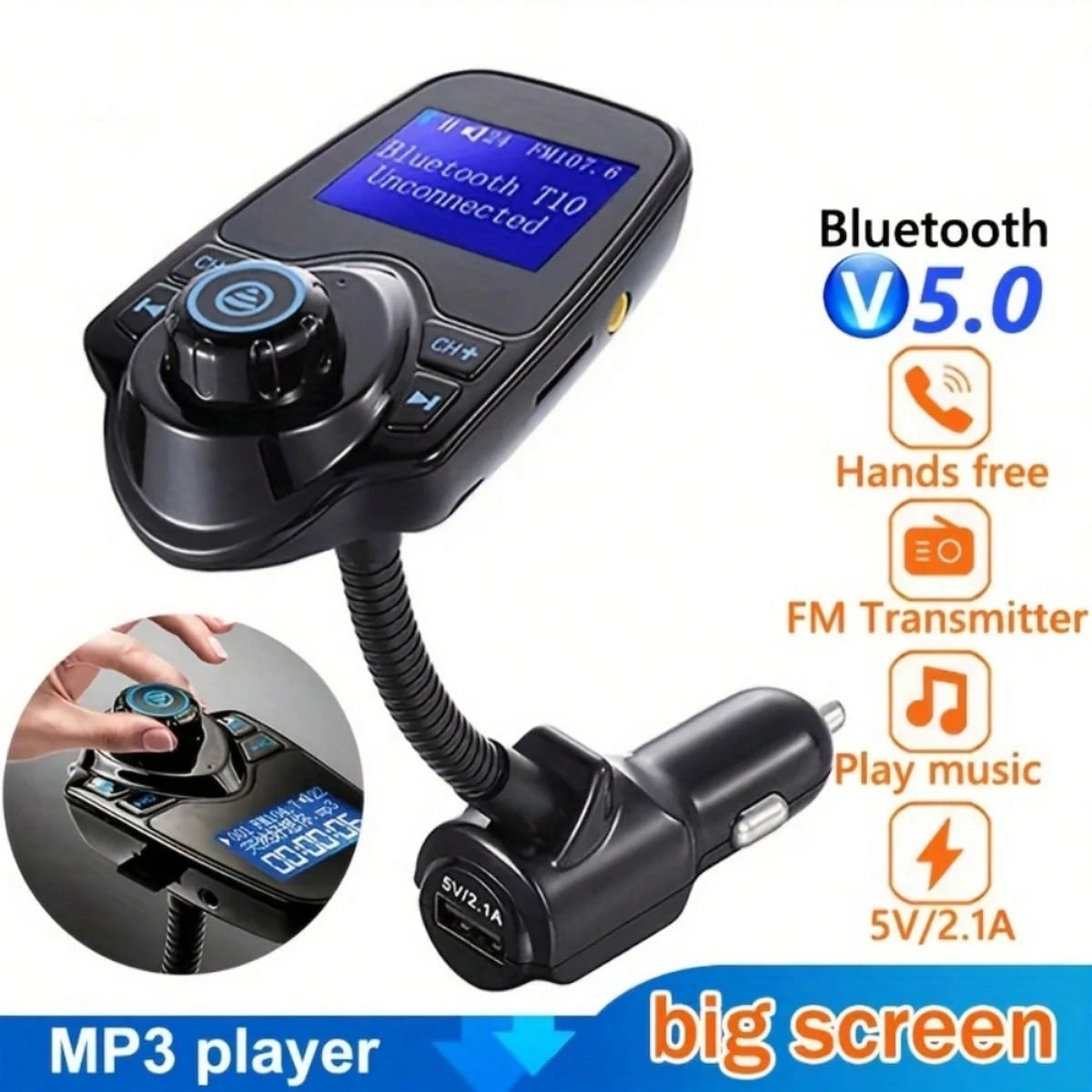 Car FM Transmitter, 1.44" Display Flexible Gooseneck, Handsfree Call Wireless Music Stereo Audio Player Radio Adapter Car Kit USB Phone Charger, TF SD Card