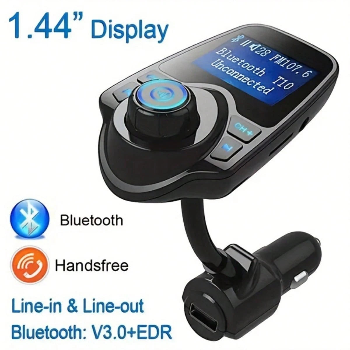 Car FM Transmitter, 1.44" Display Flexible Gooseneck, Handsfree Call Wireless Music Stereo Audio Player Radio Adapter Car Kit USB Phone Charger, TF SD Card