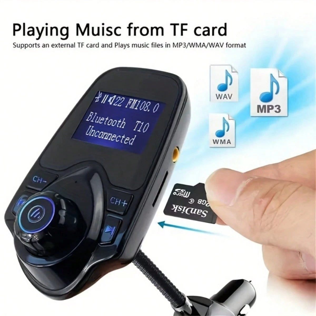 Car FM Transmitter, 1.44" Display Flexible Gooseneck, Handsfree Call Wireless Music Stereo Audio Player Radio Adapter Car Kit USB Phone Charger, TF SD Card