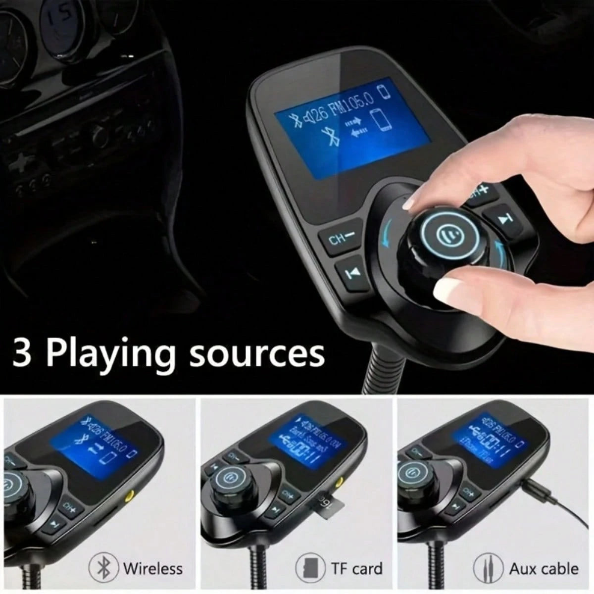 Car FM Transmitter, 1.44" Display Flexible Gooseneck, Handsfree Call Wireless Music Stereo Audio Player Radio Adapter Car Kit USB Phone Charger, TF SD Card