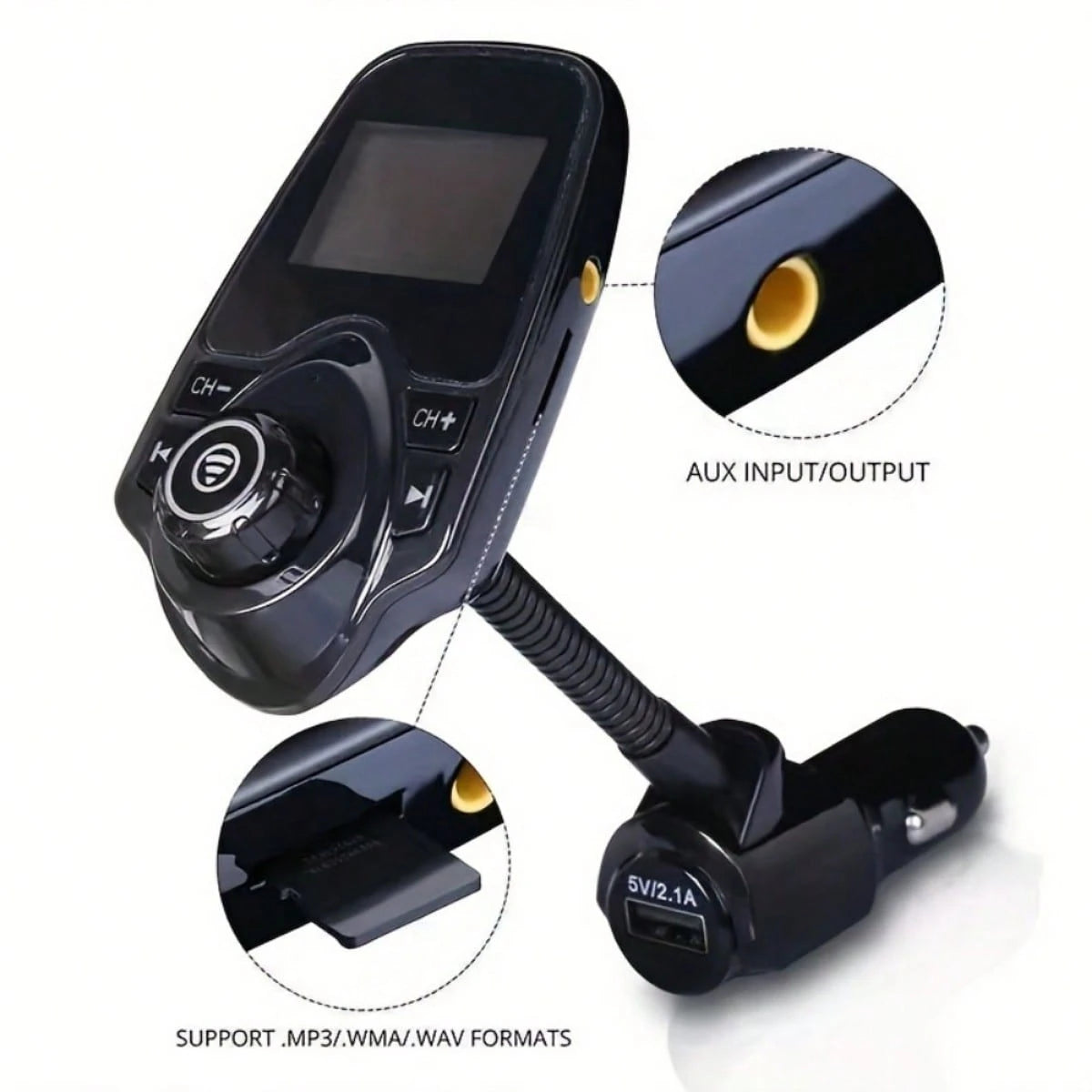 Car FM Transmitter, 1.44" Display Flexible Gooseneck, Handsfree Call Wireless Music Stereo Audio Player Radio Adapter Car Kit USB Phone Charger, TF SD Card
