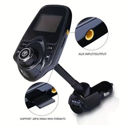 Car FM Transmitter, 1.44" Display Flexible Gooseneck, Handsfree Call Wireless Music Stereo Audio Player Radio Adapter Car Kit USB Phone Charger, TF SD Card