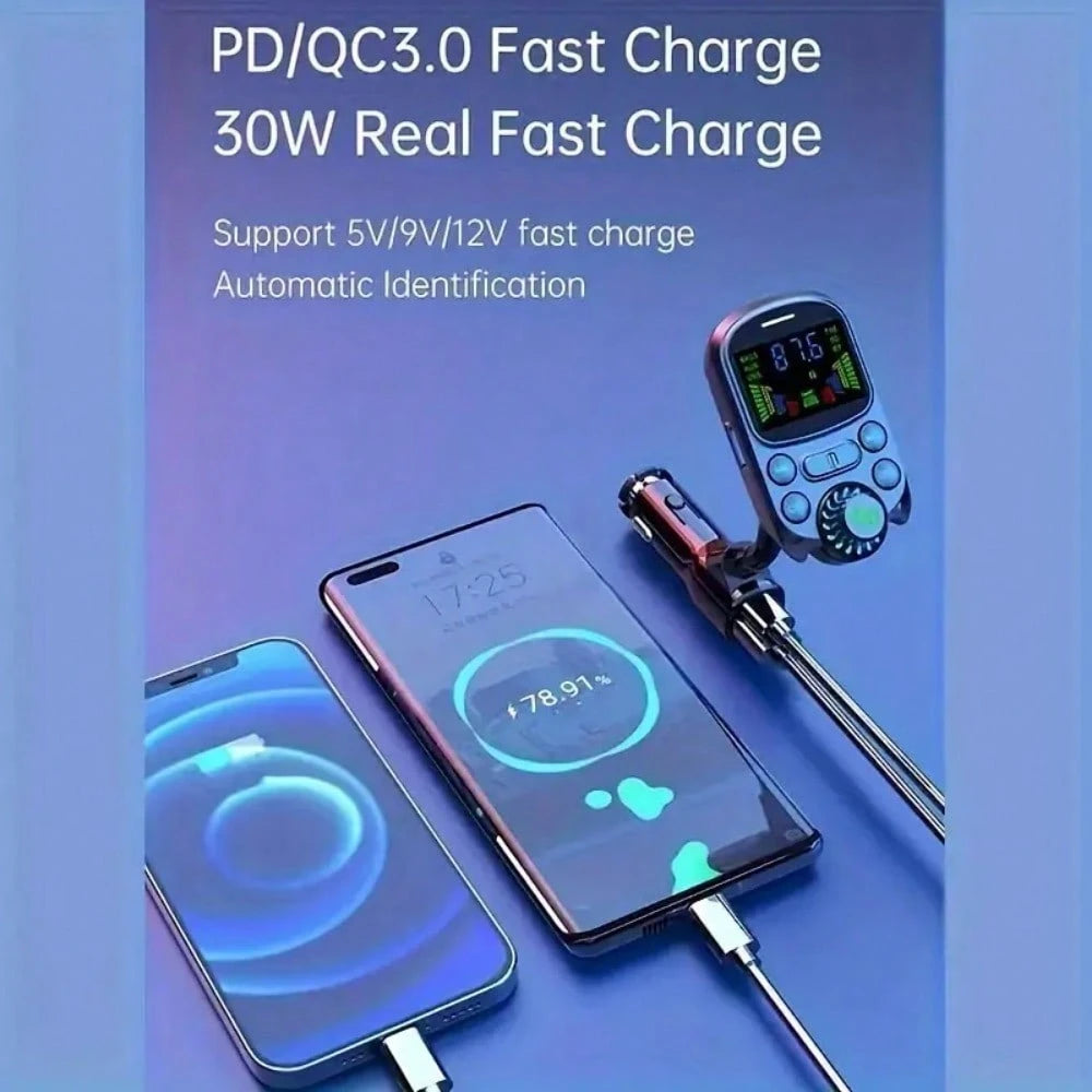 Car FM Transmitter Wireless 5.3 Handsfree Car Kit Bass 3.5mm AUX Audio Receiver QC3.0 PD 30W Fast Charging Mp3 Player