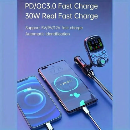 Car FM Transmitter Wireless 5.3 Handsfree Car Kit Bass 3.5mm AUX Audio Receiver QC3.0 PD 30W Fast Charging Mp3 Player