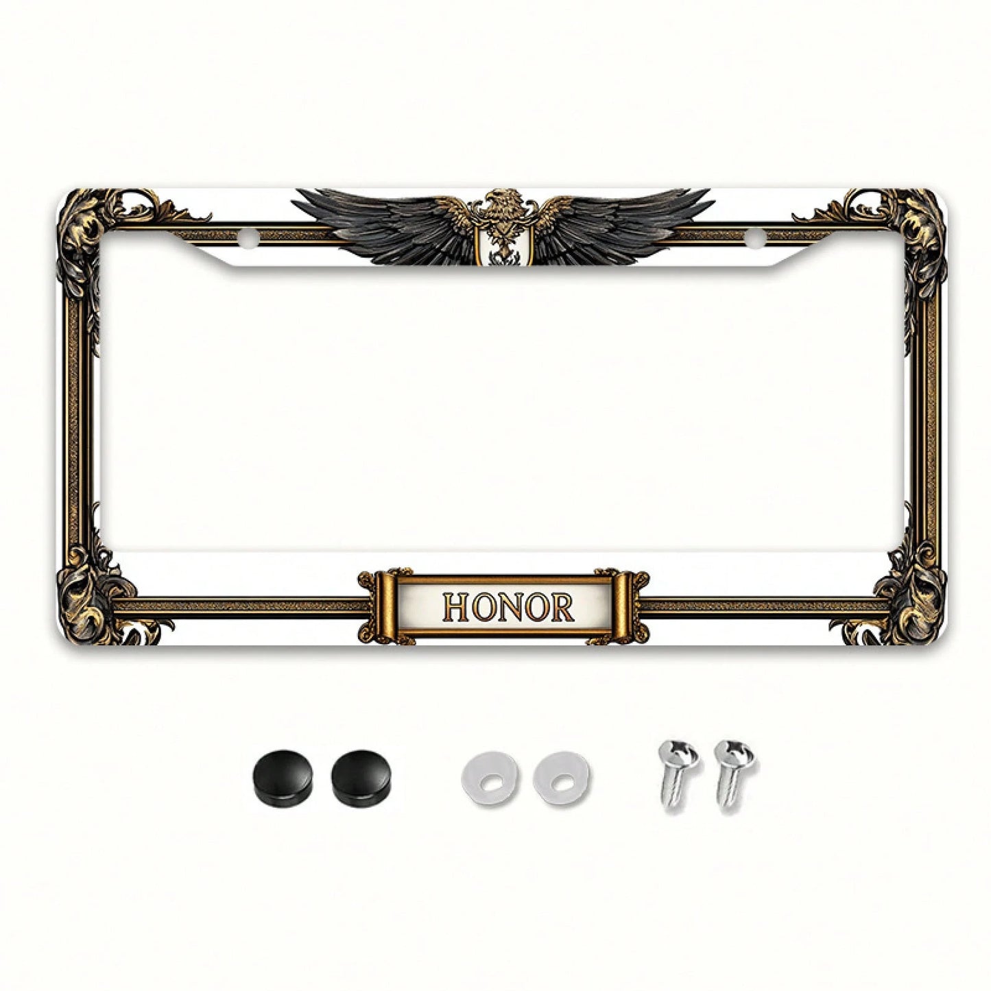 Car, Metal License Plate Frame, Golden Eagle Emblem And Honor Engraving, Suitable For American And Most International Vehicles, Includes Mounting Screws, Car Decoration Accessory, Perfectly Represents