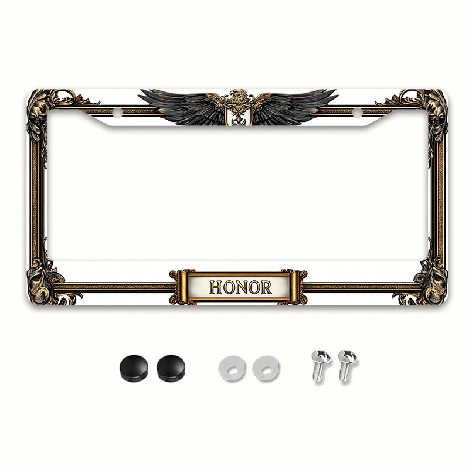 Car, Metal License Plate Frame, Golden Eagle Emblem And Honor Engraving, Suitable For American And Most International Vehicles, Includes Mounting Screws, Car Decoration Accessory, Perfectly Represents