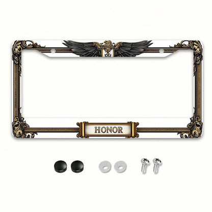 Car, Metal License Plate Frame, Golden Eagle Emblem And Honor Engraving, Suitable For American And Most International Vehicles, Includes Mounting Screws, Car Decoration Accessory, Perfectly Represents