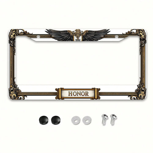 Car, Metal License Plate Frame, Golden Eagle Emblem And Honor Engraving, Suitable For American And Most International Vehicles, Includes Mounting Screws, Car Decoration Accessory, Perfectly Represents