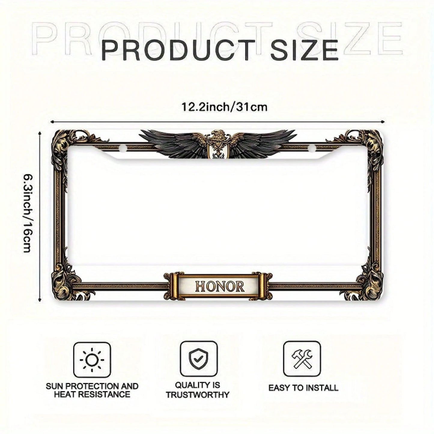 Car, Metal License Plate Frame, Golden Eagle Emblem And Honor Engraving, Suitable For American And Most International Vehicles, Includes Mounting Screws, Car Decoration Accessory, Perfectly Represents