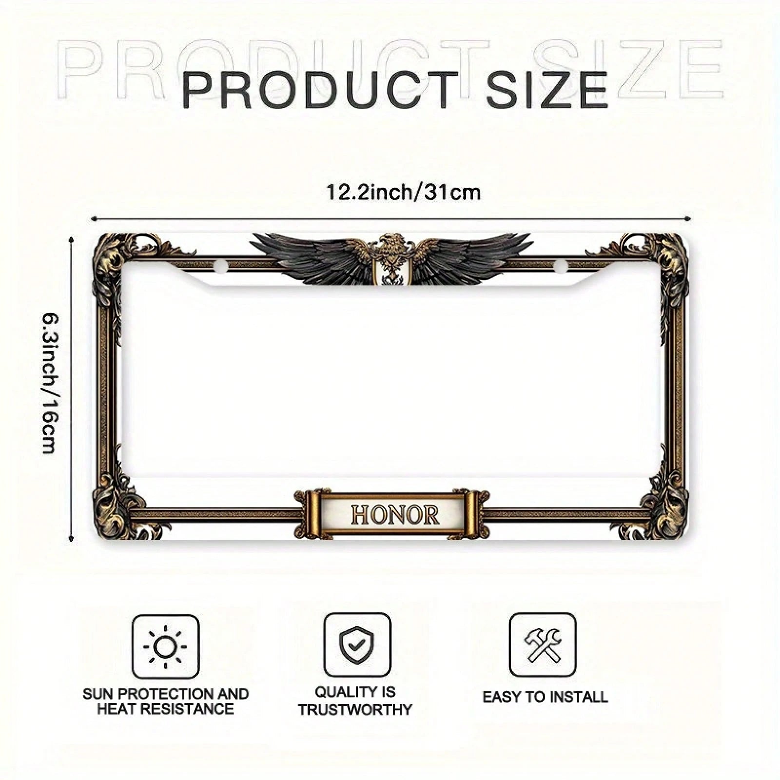 Car, Metal License Plate Frame, Golden Eagle Emblem And Honor Engraving, Suitable For American And Most International Vehicles, Includes Mounting Screws, Car Decoration Accessory, Perfectly Represents
