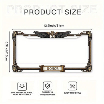 Car, Metal License Plate Frame, Golden Eagle Emblem And Honor Engraving, Suitable For American And Most International Vehicles, Includes Mounting Screws, Car Decoration Accessory, Perfectly Represents