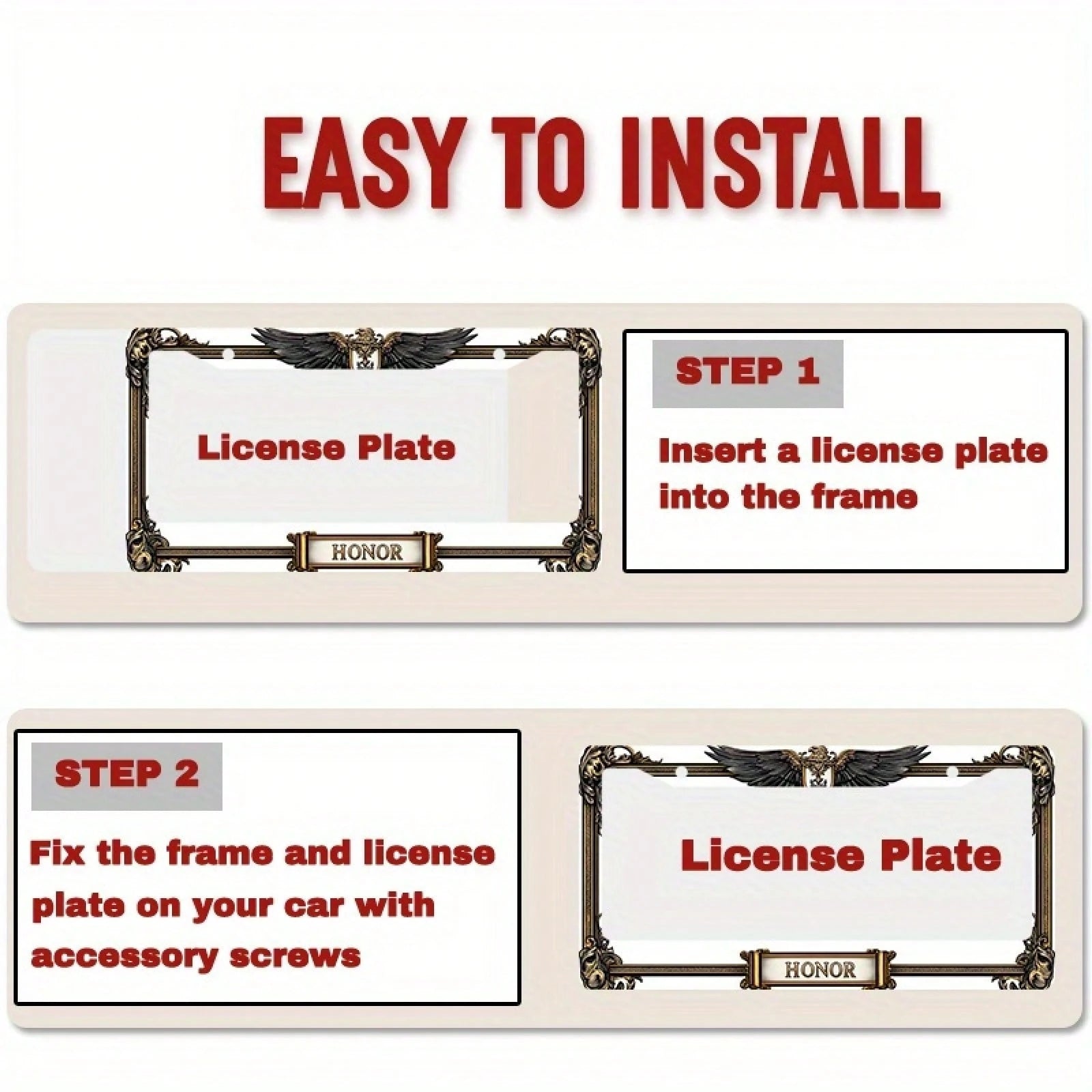 Car, Metal License Plate Frame, Golden Eagle Emblem And Honor Engraving, Suitable For American And Most International Vehicles, Includes Mounting Screws, Car Decoration Accessory, Perfectly Represents