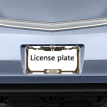 Car, Metal License Plate Frame, Golden Eagle Emblem And Honor Engraving, Suitable For American And Most International Vehicles, Includes Mounting Screws, Car Decoration Accessory, Perfectly Represents
