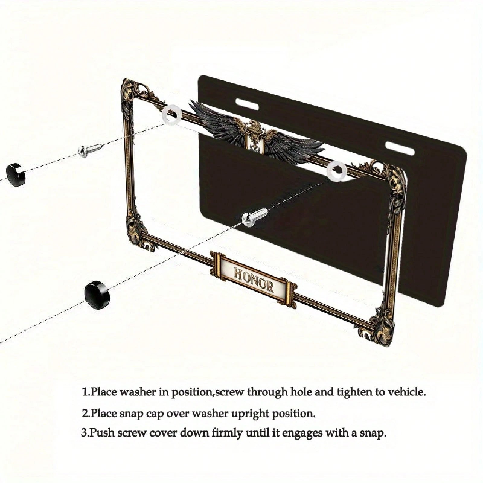 Car, Metal License Plate Frame, Golden Eagle Emblem And Honor Engraving, Suitable For American And Most International Vehicles, Includes Mounting Screws, Car Decoration Accessory, Perfectly Represents