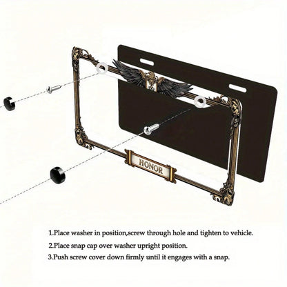 Car, Metal License Plate Frame, Golden Eagle Emblem And Honor Engraving, Suitable For American And Most International Vehicles, Includes Mounting Screws, Car Decoration Accessory, Perfectly Represents