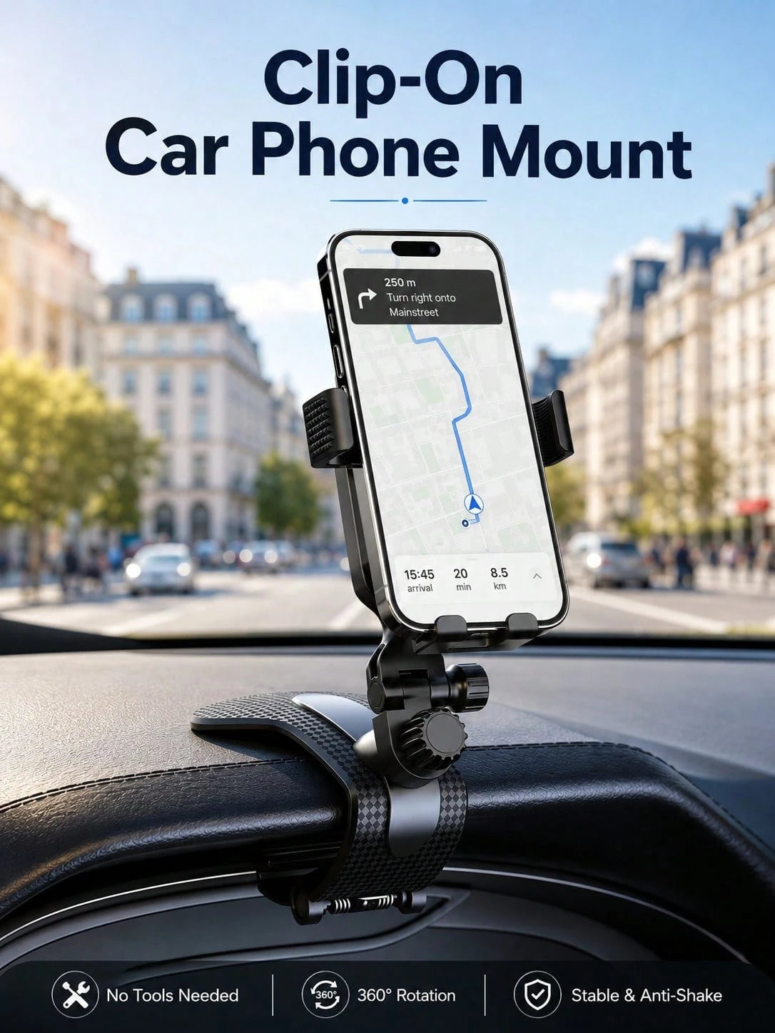 Car Phone Holder, Clip-On, Universal Dashboard Mount, Anti-Shake, Car Navigation Support Bracket