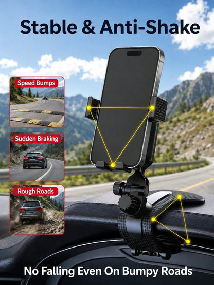 Car Phone Holder, Clip-On, Universal Dashboard Mount, Anti-Shake, Car Navigation Support Bracket